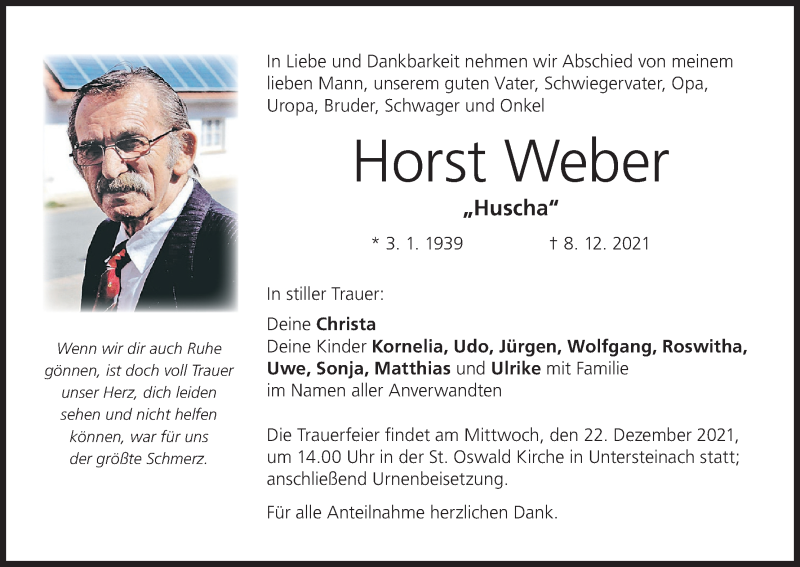  Traueranzeige für Horst Weber vom 18.12.2021 aus MGO