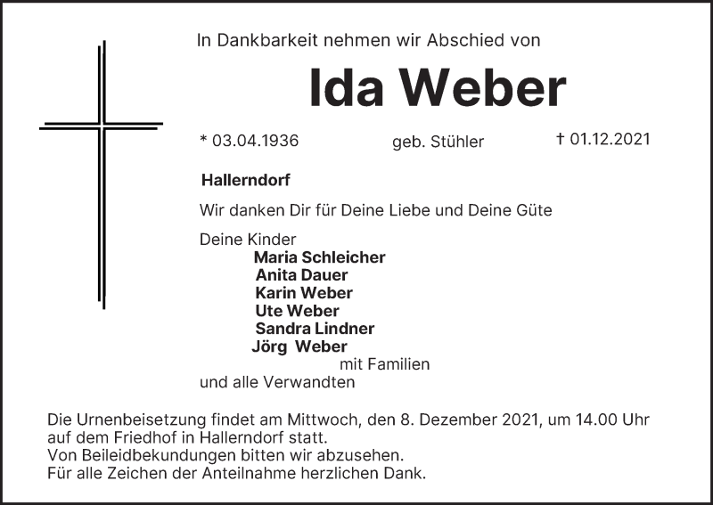  Traueranzeige für Ida Weber vom 04.12.2021 aus MGO