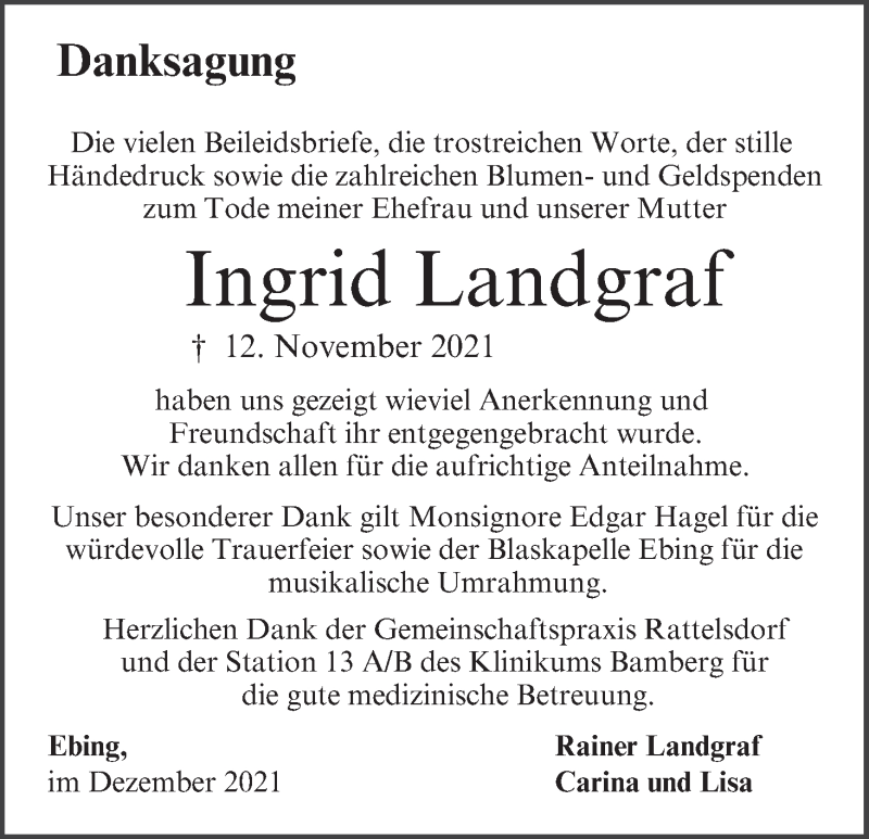  Traueranzeige für Ingrid Landgraf vom 04.12.2021 aus MGO