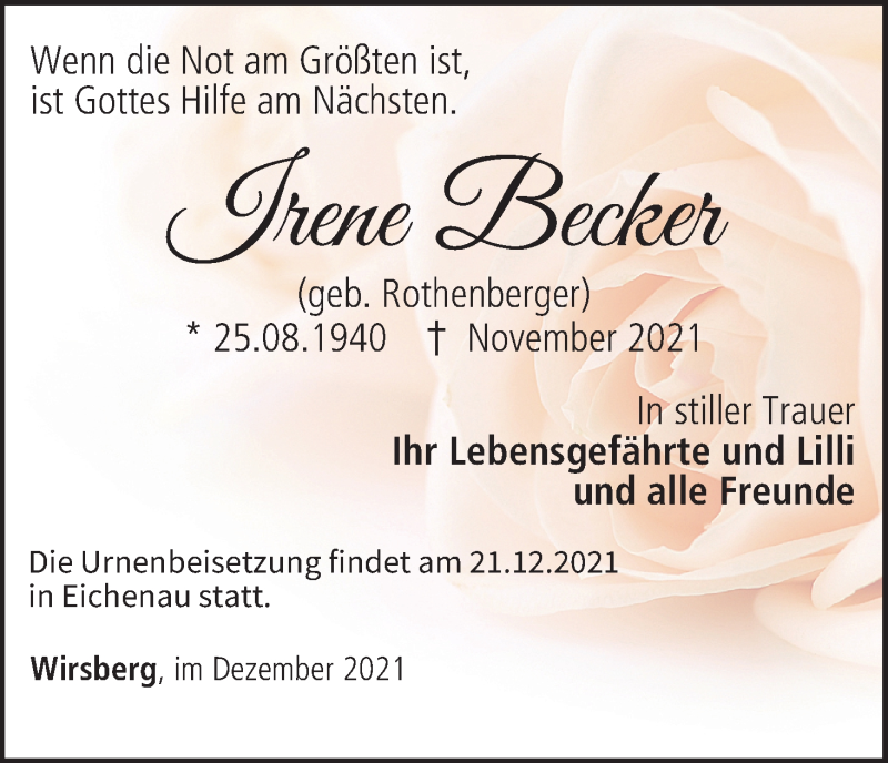  Traueranzeige für Irene Becker vom 04.12.2021 aus MGO