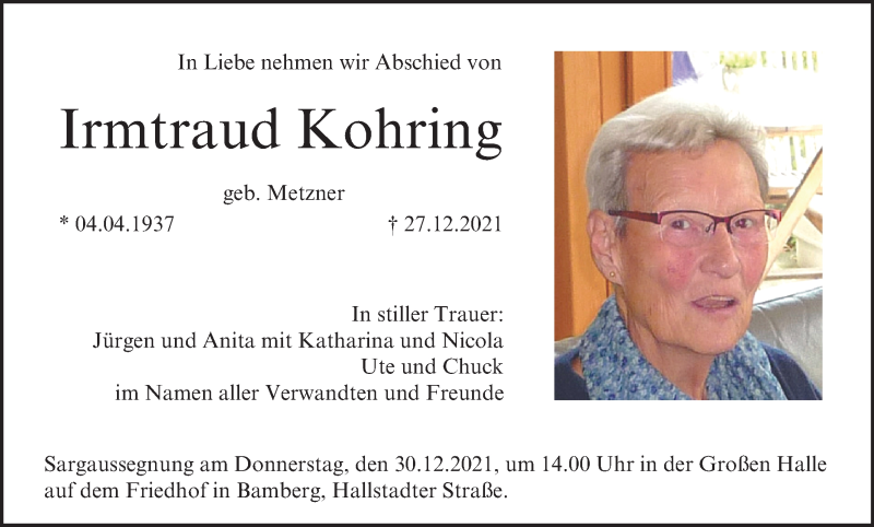  Traueranzeige für Irmtraud Kohring vom 28.12.2021 aus MGO