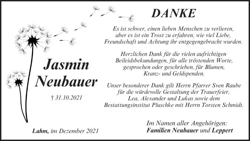  Traueranzeige für Jasmin Neubauer vom 29.12.2021 aus MGO