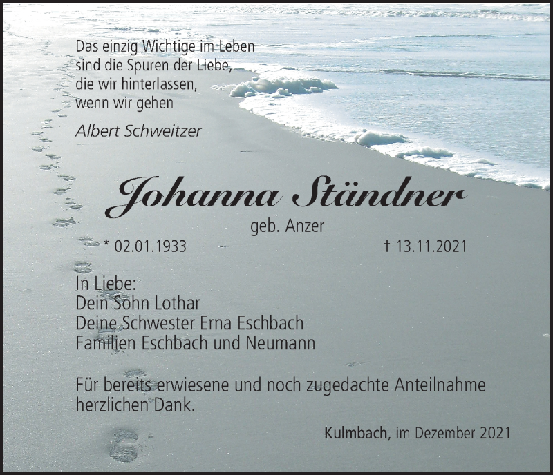  Traueranzeige für Johanna Ständner vom 04.12.2021 aus MGO