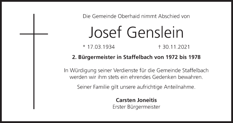  Traueranzeige für Josef Genslein vom 17.12.2021 aus MGO