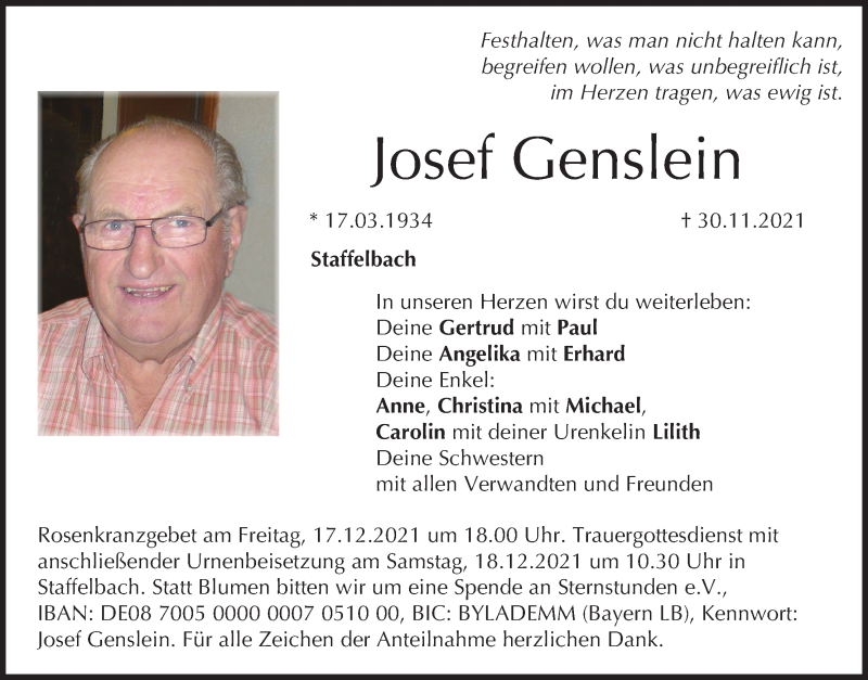  Traueranzeige für Josef Genslein vom 16.12.2021 aus MGO