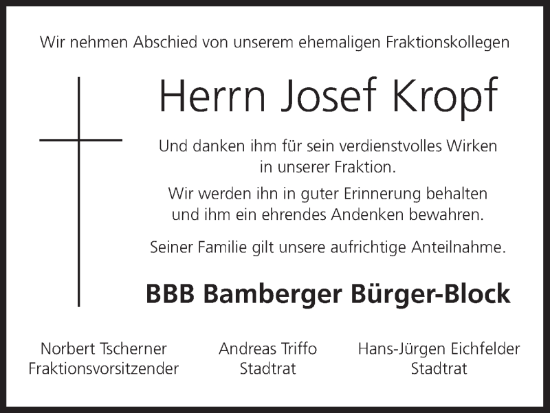  Traueranzeige für Josef Kropf vom 29.12.2021 aus MGO