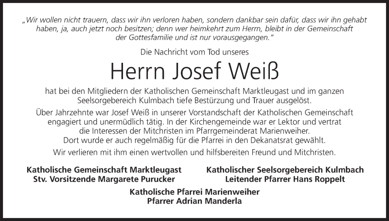  Traueranzeige für Josef Weiß vom 15.12.2021 aus MGO