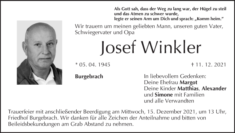  Traueranzeige für Josef Winkler vom 14.12.2021 aus MGO