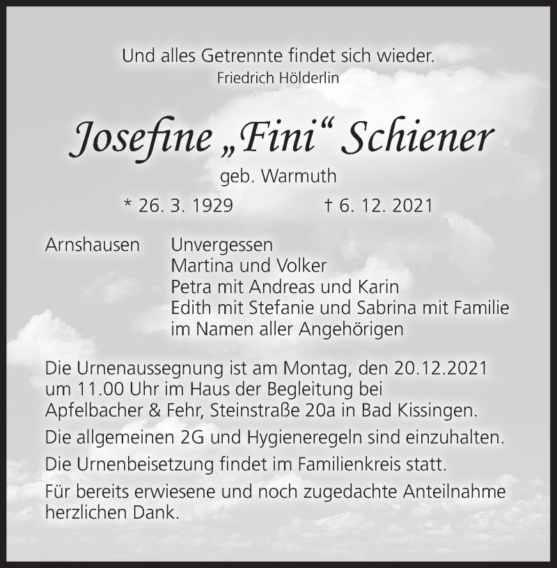  Traueranzeige für Josefine Schiener vom 11.12.2021 aus MGO
