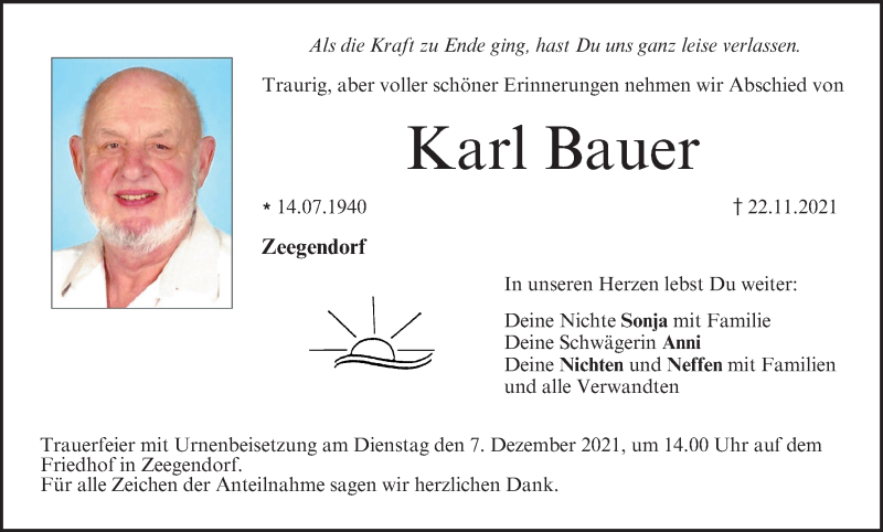  Traueranzeige für Karl Bauer vom 30.11.2021 aus MGO