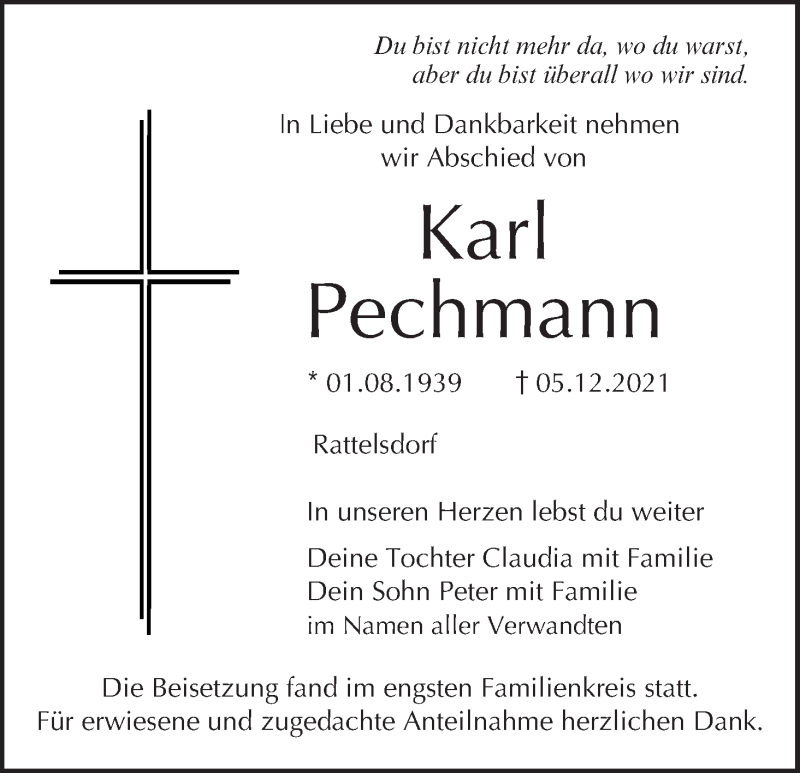  Traueranzeige für Karl Pechmann vom 18.12.2021 aus MGO