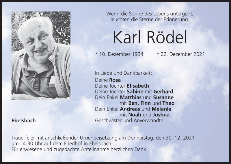  Traueranzeige für Karl Rödel vom 28.12.2021 aus MGO