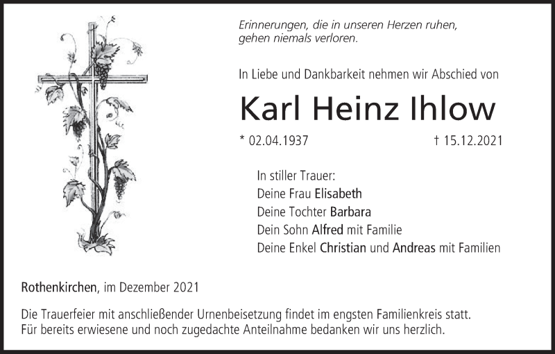  Traueranzeige für Karl Heinz Ihlow vom 24.12.2021 aus MGO