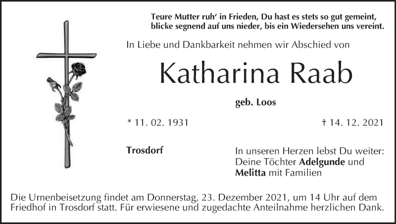  Traueranzeige für Katharina Raab vom 18.12.2021 aus MGO