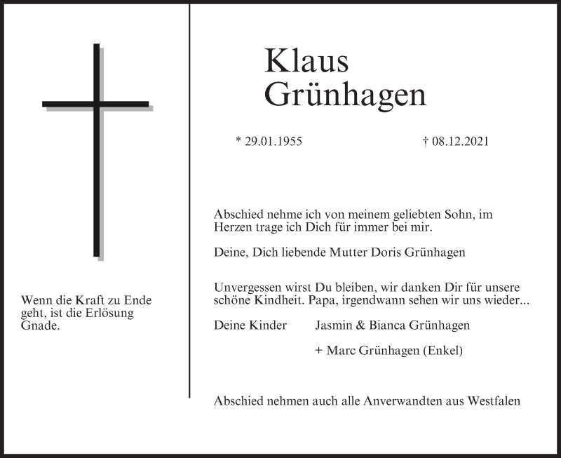  Traueranzeige für Klaus Grünhagen vom 11.12.2021 aus MGO