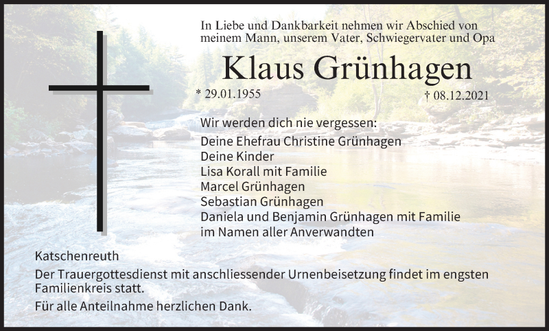  Traueranzeige für Klaus Grünhagen vom 11.12.2021 aus MGO