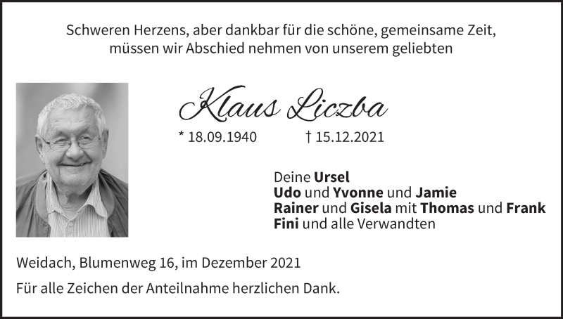  Traueranzeige für Klaus Liczba vom 18.12.2021 aus MGO