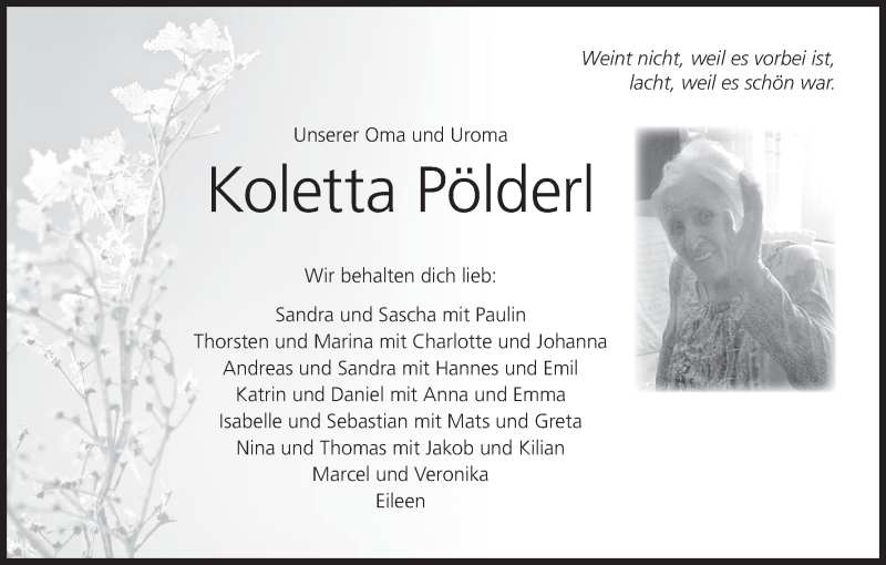  Traueranzeige für Koletta Pölderl vom 18.12.2021 aus MGO