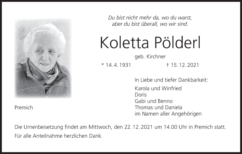  Traueranzeige für Koletta Pölderl vom 18.12.2021 aus MGO