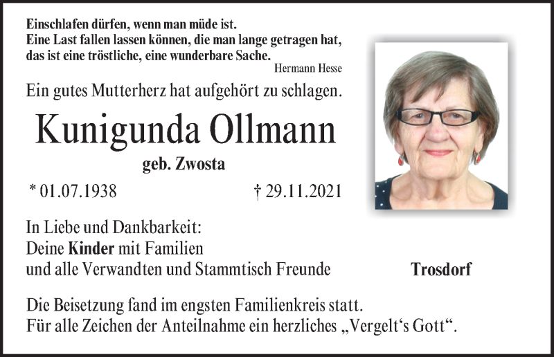  Traueranzeige für Kunigunda Ollmann vom 11.12.2021 aus MGO