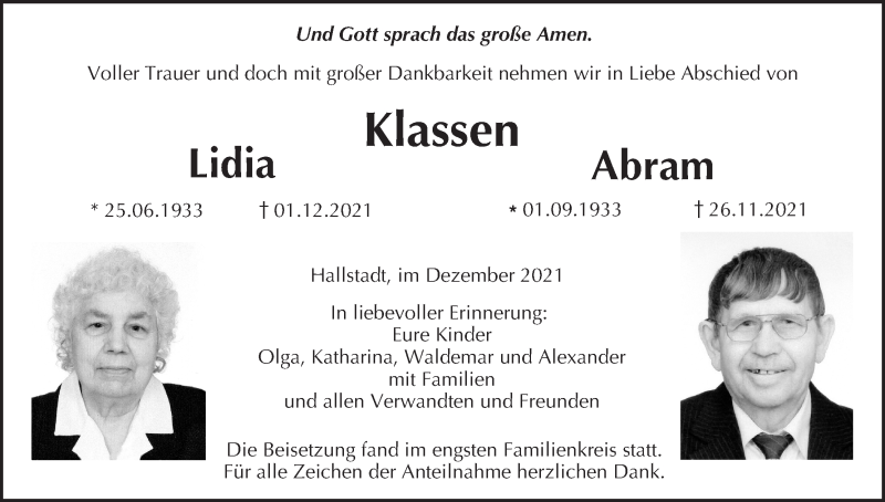  Traueranzeige für Lidia Klassen vom 11.12.2021 aus MGO