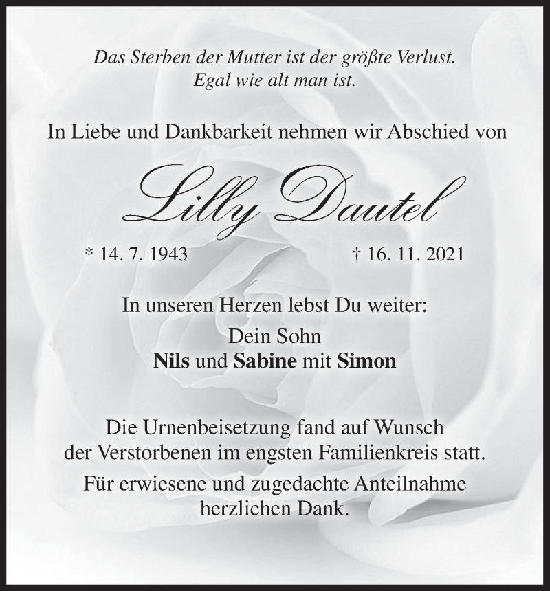  Traueranzeige für Lilly Dautel vom 11.12.2021 aus MGO