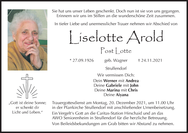 Traueranzeige für Liselotte Arold vom 11.12.2021 aus MGO