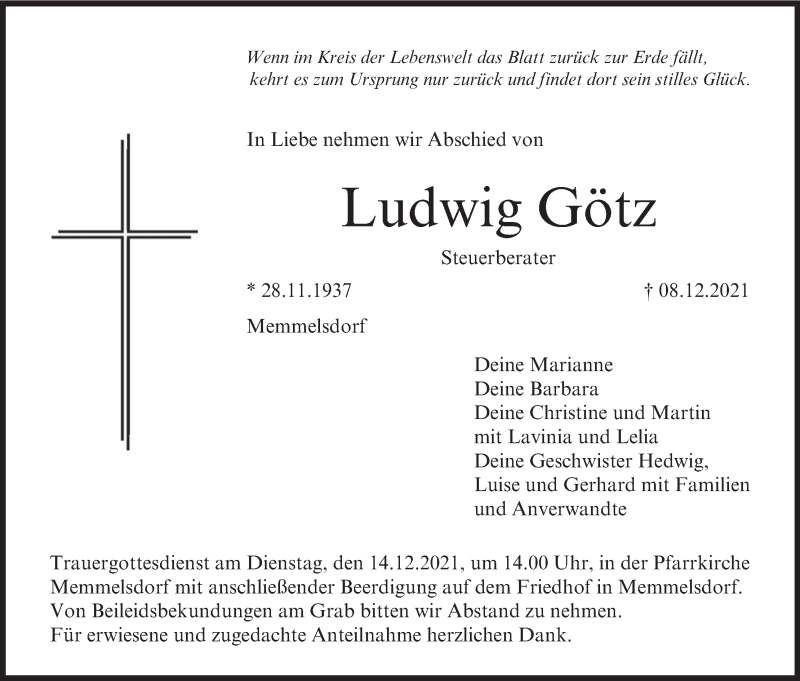  Traueranzeige für Ludwig Götz vom 11.12.2021 aus MGO