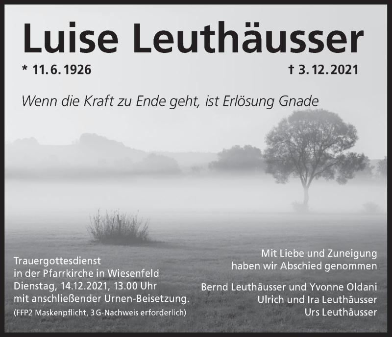 Traueranzeige für Luise Leuthäusser vom 10.12.2021 aus MGO