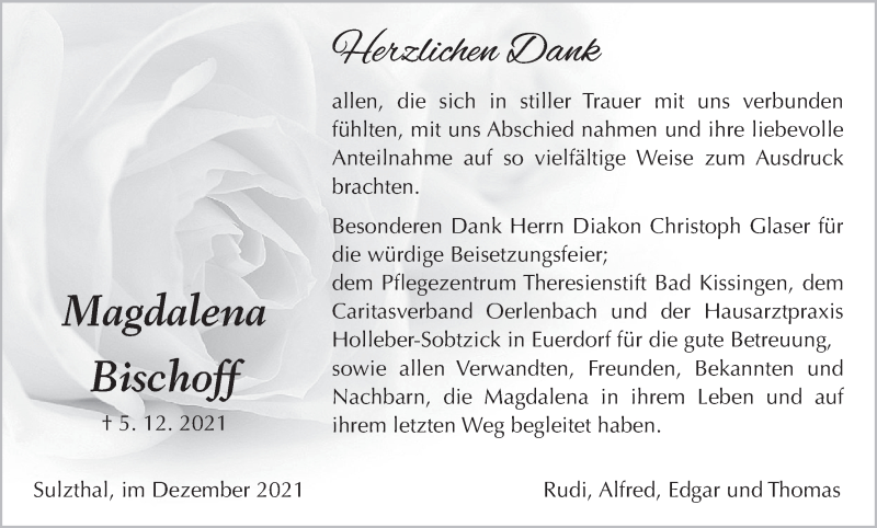  Traueranzeige für Magdalena Bischoff vom 24.12.2021 aus MGO