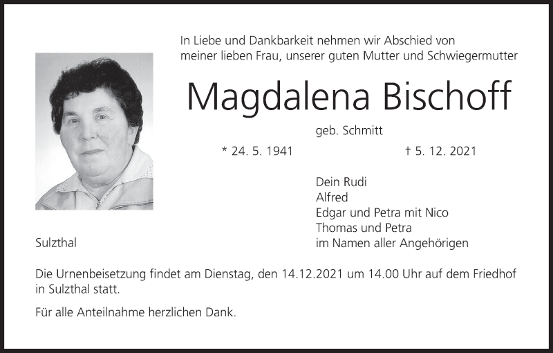  Traueranzeige für Magdalena Bischoff vom 11.12.2021 aus MGO