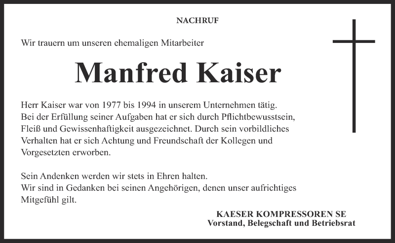 Traueranzeige für Manfred Kaiser vom 01.12.2021 aus MGO