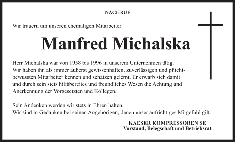  Traueranzeige für Manfred Michalska vom 28.12.2021 aus MGO
