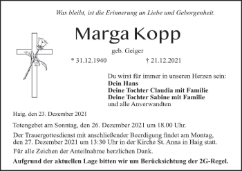 Anzeige von Marga Kopp von MGO