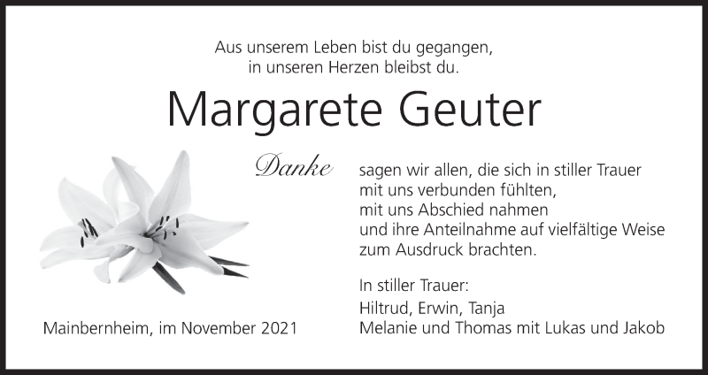  Traueranzeige für Margarete Geuter vom 10.12.2021 aus MGO