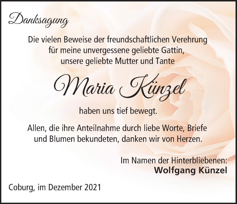  Traueranzeige für Maria Künzel vom 13.12.2021 aus MGO