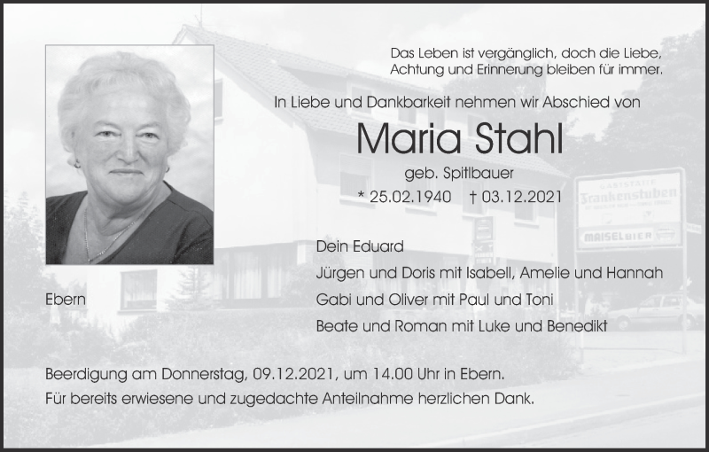  Traueranzeige für Maria Stahl vom 07.12.2021 aus MGO