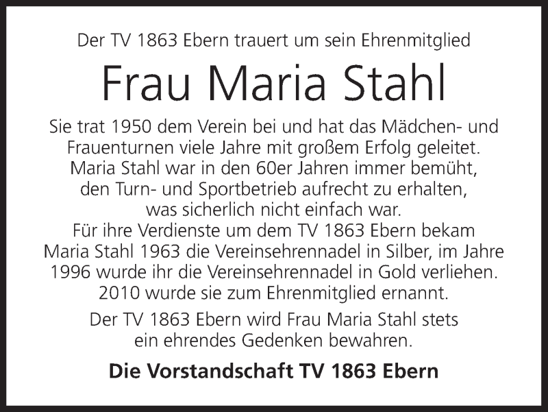  Traueranzeige für Maria Stahl vom 09.12.2021 aus MGO