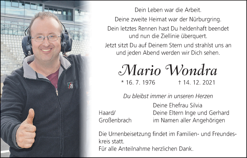  Traueranzeige für Mario Wondra vom 18.12.2021 aus MGO
