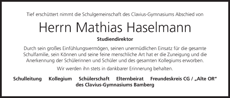  Traueranzeige für Mathias Haselmann vom 21.12.2021 aus MGO
