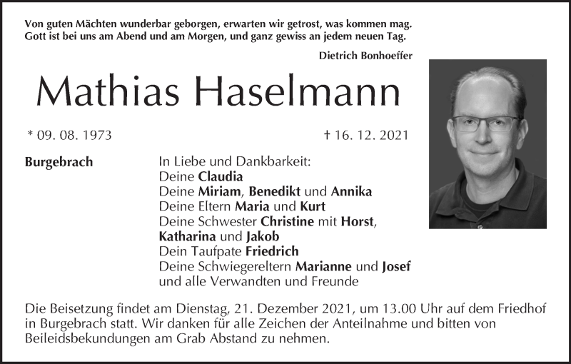  Traueranzeige für Mathias Haselmann vom 18.12.2021 aus MGO