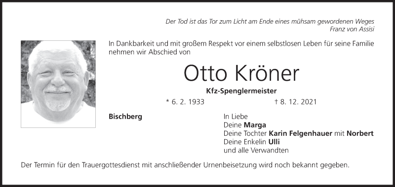  Traueranzeige für Otto Kröner vom 11.12.2021 aus MGO