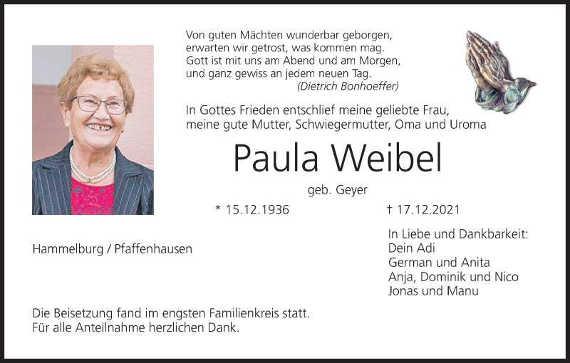 Traueranzeige für Paula Weibel vom 24.12.2021 aus MGO