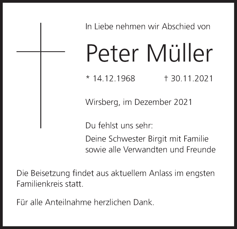  Traueranzeige für Peter Müller vom 11.12.2021 aus MGO