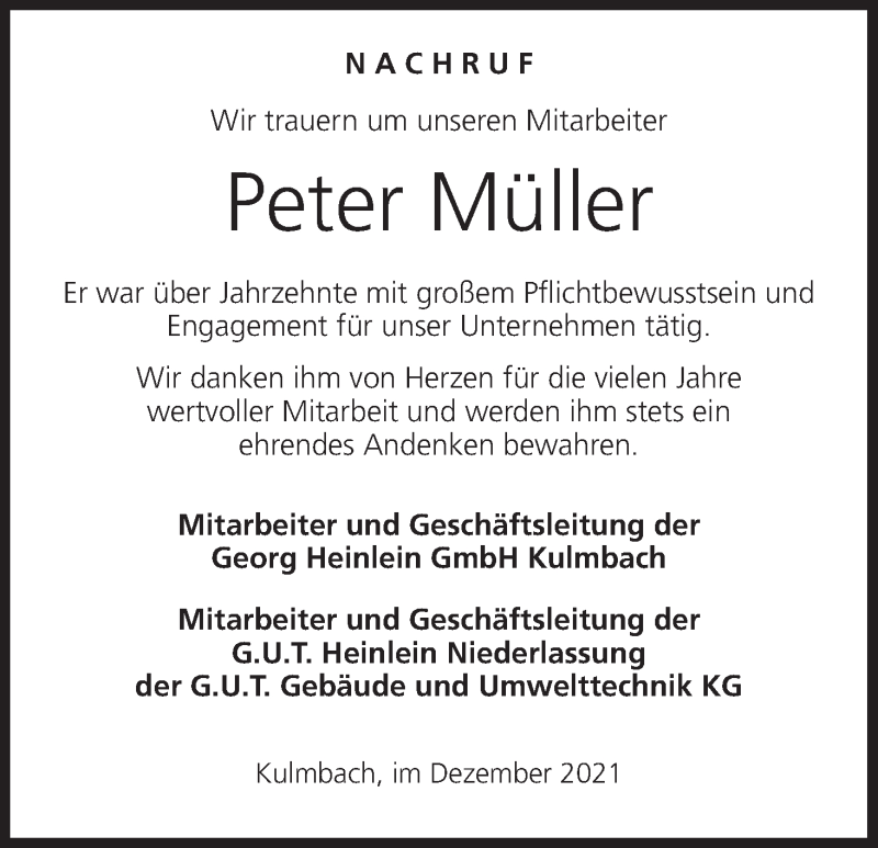  Traueranzeige für Peter Müller vom 11.12.2021 aus MGO