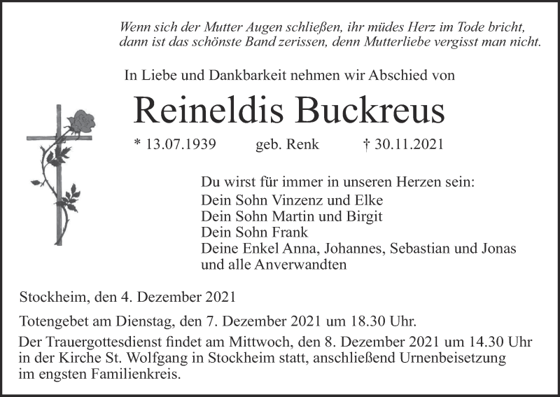  Traueranzeige für Reineldis Buckreus vom 04.12.2021 aus MGO