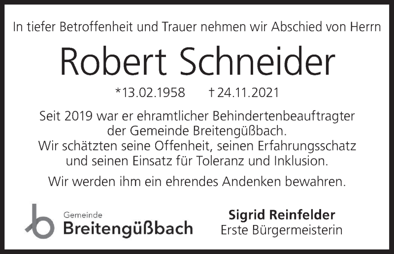  Traueranzeige für Robert Schneider vom 30.11.2021 aus MGO