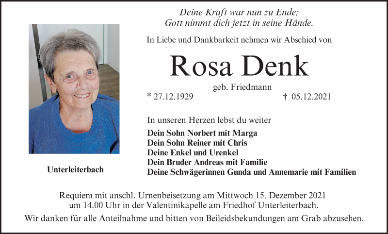  Traueranzeige für Rosa Denk vom 11.12.2021 aus MGO