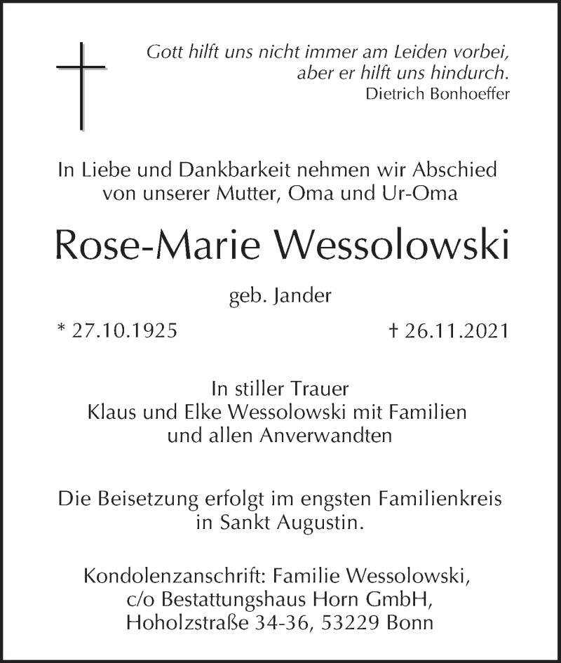  Traueranzeige für Rose-Marie Wessolowski vom 04.12.2021 aus MGO