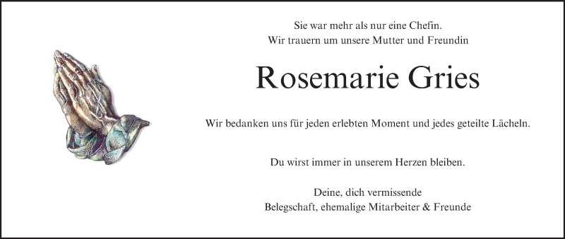  Traueranzeige für Rosemarie Gries vom 04.12.2021 aus MGO